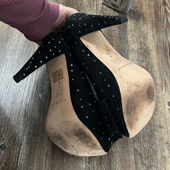 TARA SUBKOFF x BEBE Collab Swarovski Crystal & Bow Platform Peep Toe Stilettos - Picture 8 of 11